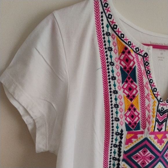 Woman Within Embroidered Floral Aztec Boho Whimsical Pink White Top SIZE 14-16 - Picture 5 of 14